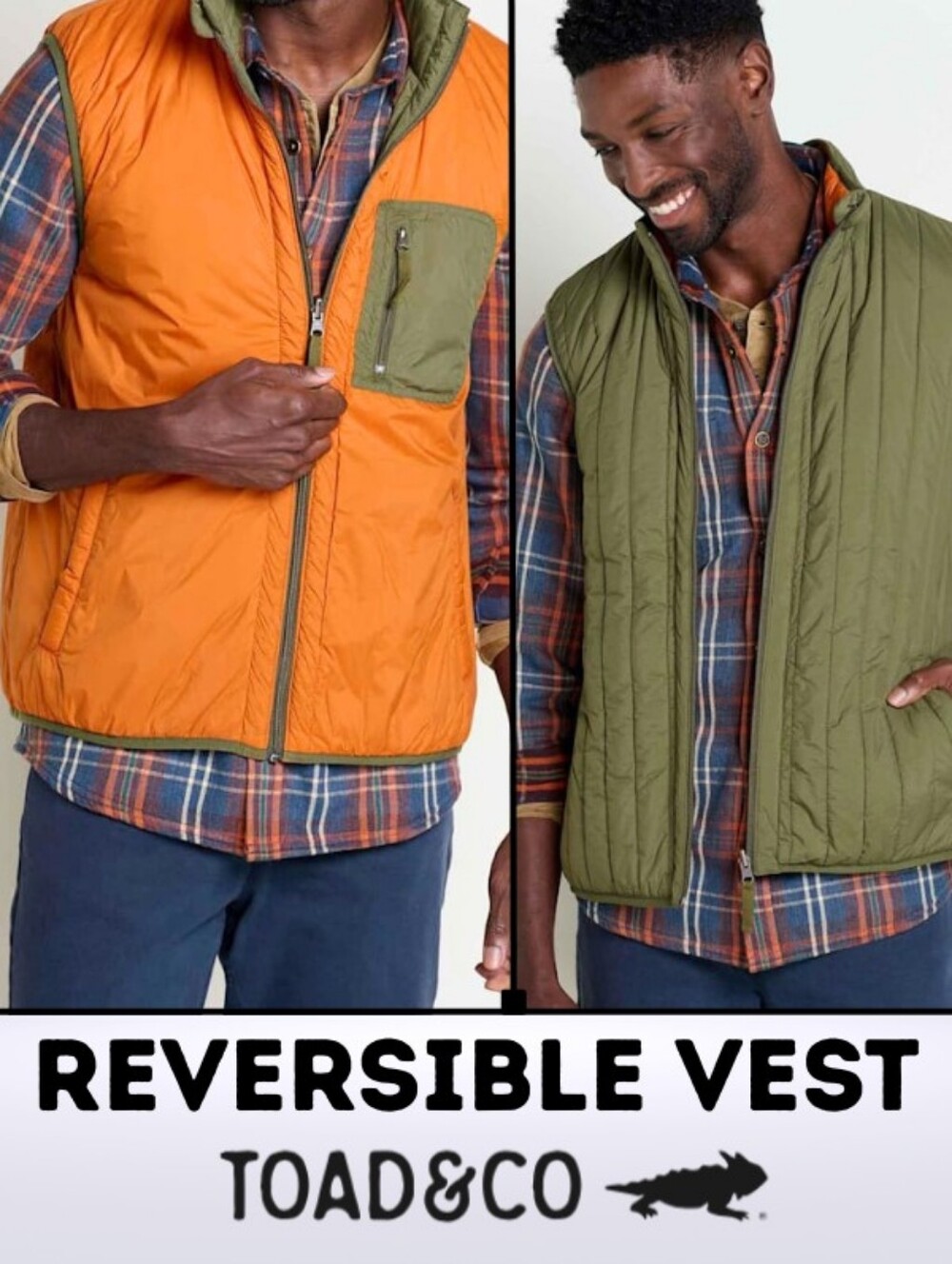 NEW Toad&Co Mens Nomader Reversible Quilted Vest Olive / Persimmon Winter Size M